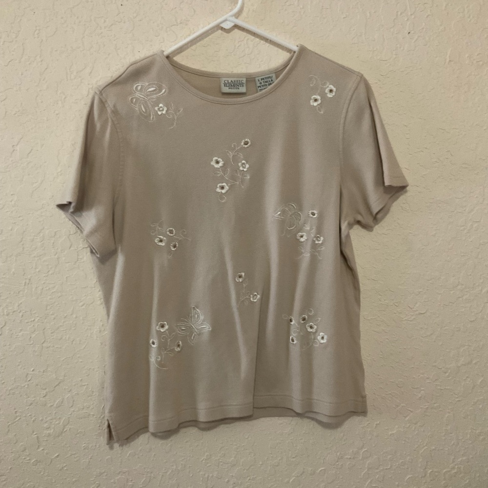 Beige / Tan Shirt with White Floral Design
